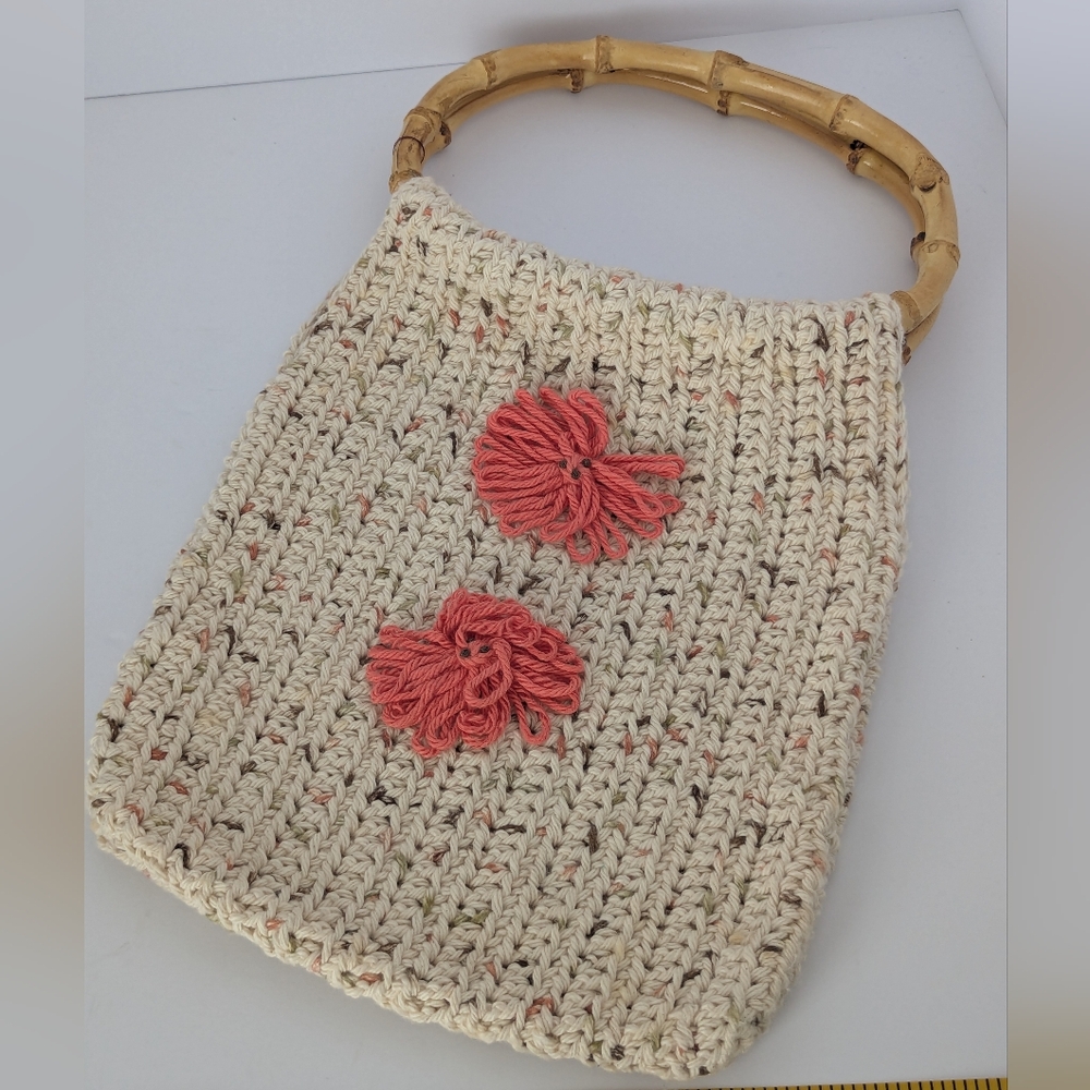 Handcrafted Cream and Pink Crochet Bag with Bamboo Handle